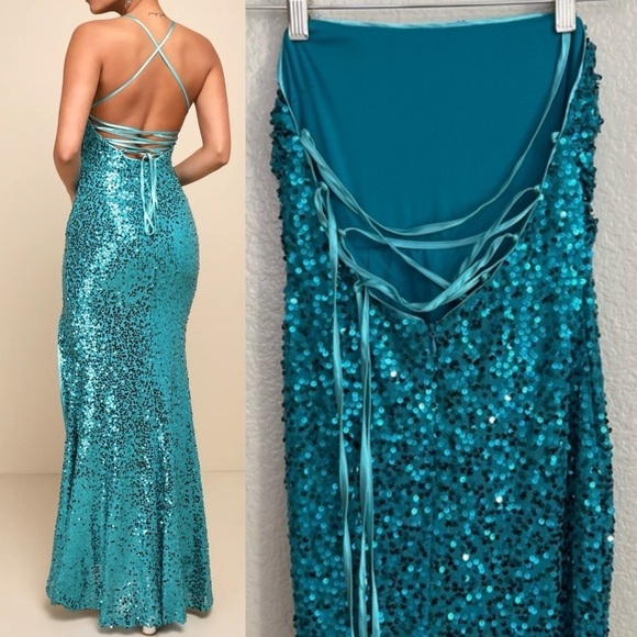Glowing Praise Teal Blue Sequin Lace-Up Maxi Dress - Picture 3 of 12